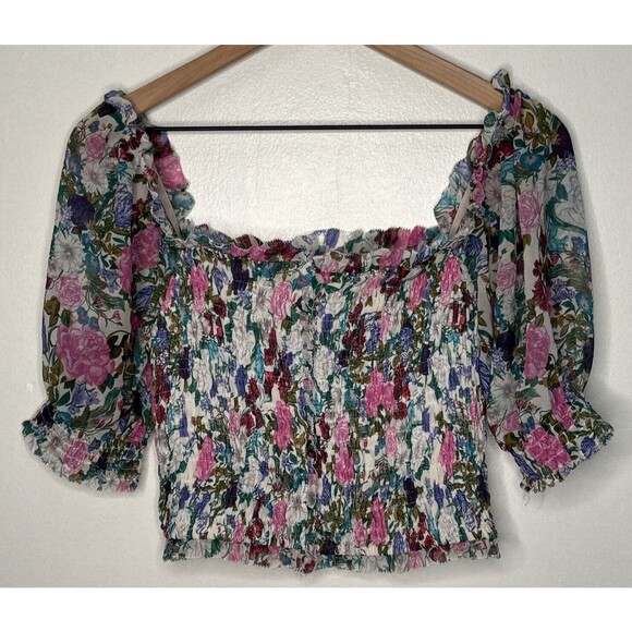 ASTR Tops - ASTR The Label Floral Smocked balloon Sleeve Top Small Pink Green Garden Party
